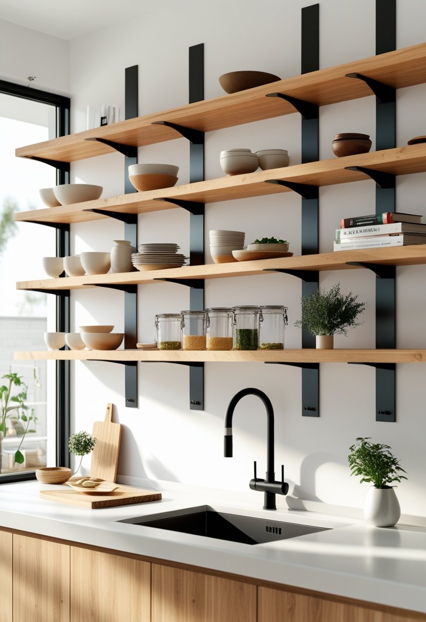 A kitchen wall with ten open shelves made of wood and metal, holding various kitchen items like bowls, jars, books, and plants.