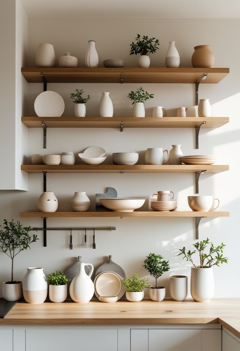 Open kitchen shelves filled with decorative ceramic vases, bowls, plates, and mugs arranged neatly.