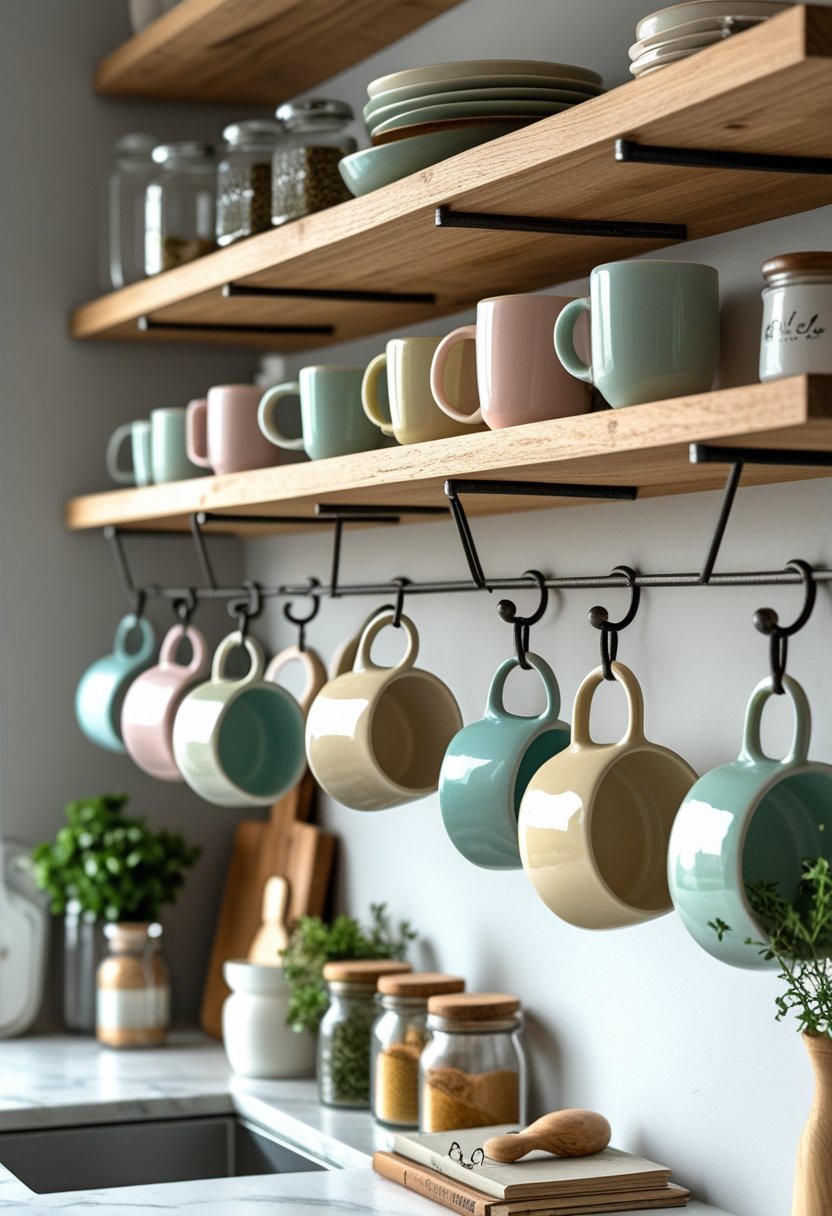 Open kitchen shelves with vintage hooks holding mugs and various kitchen items arranged neatly.