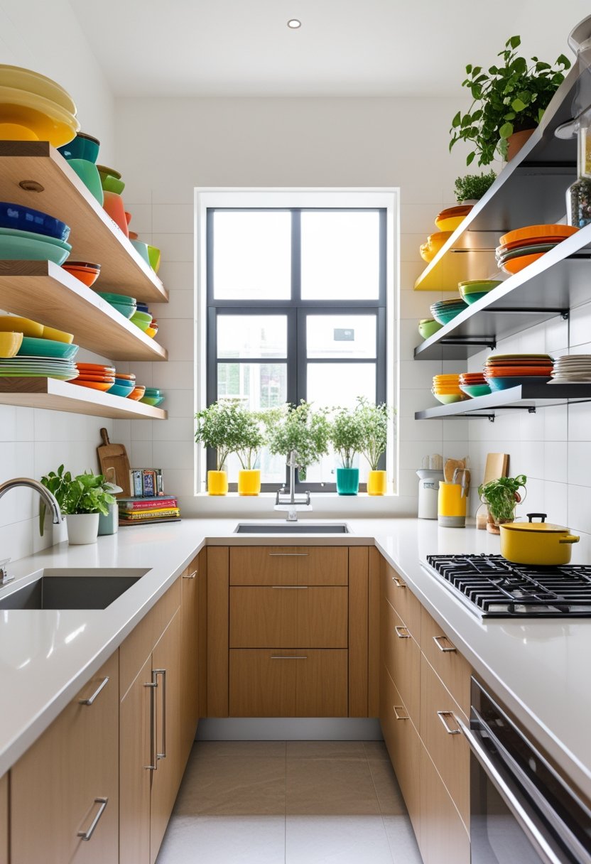 A modern kitchen with ten different open shelves displaying dishes, jars, plants, and cookware in a bright, organized space.