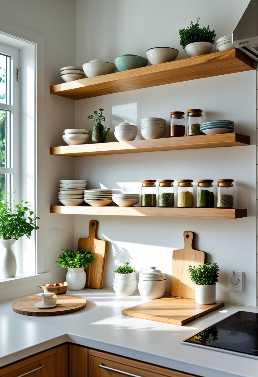 A modern kitchen wall with 10 open wooden shelves holding dishes, jars, plants, and cookbooks above a clean countertop.