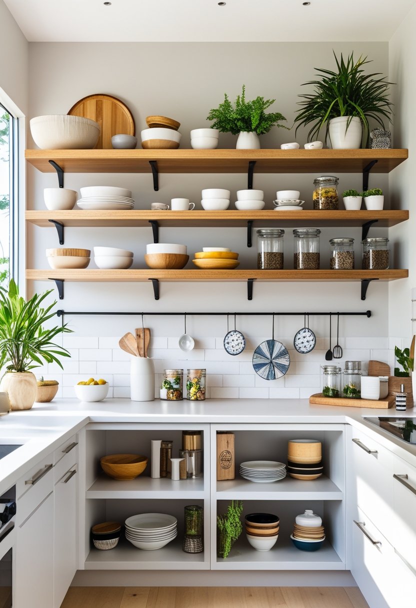 A modern kitchen with ten different open shelving designs displaying kitchenware, plants, and decorative items.