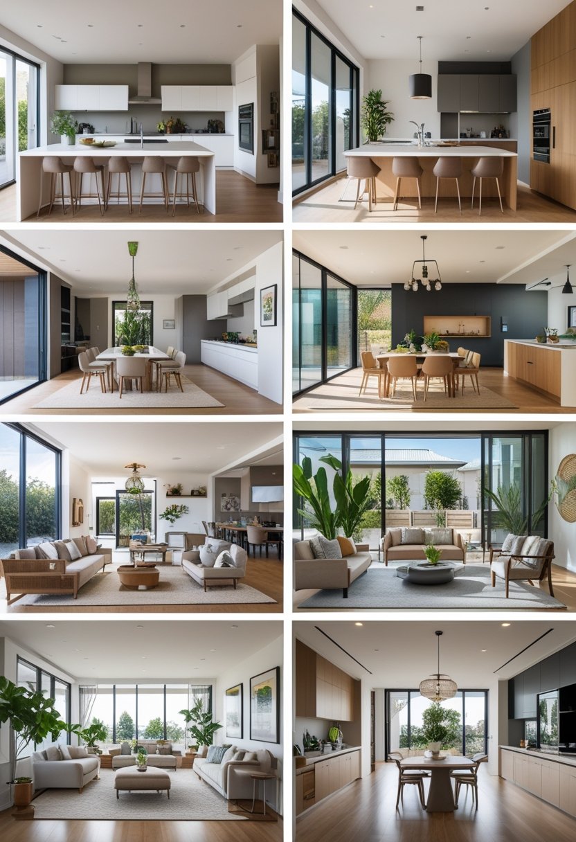 Eight open kitchen and living room spaces showing different furniture and layouts in bright, spacious rooms.