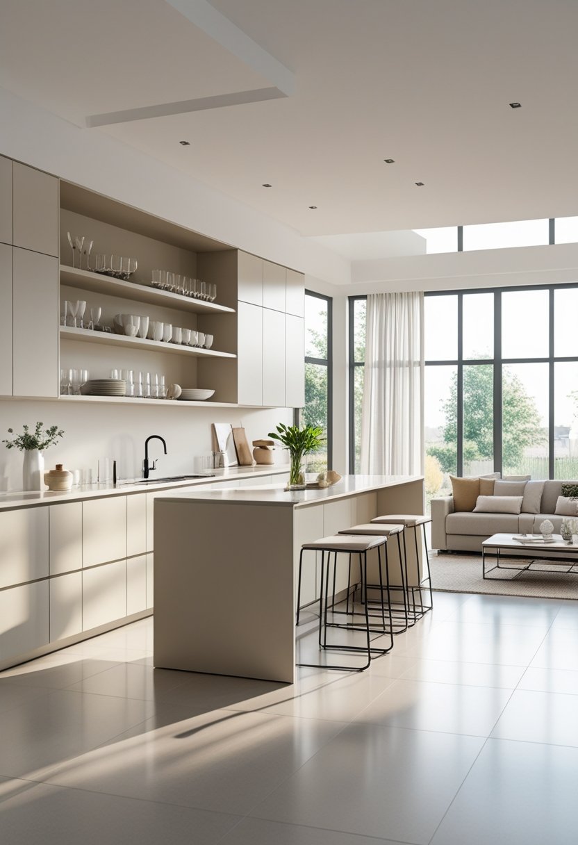 A bright open kitchen and living room with open shelves and matte cabinets, natural light, and comfortable seating.