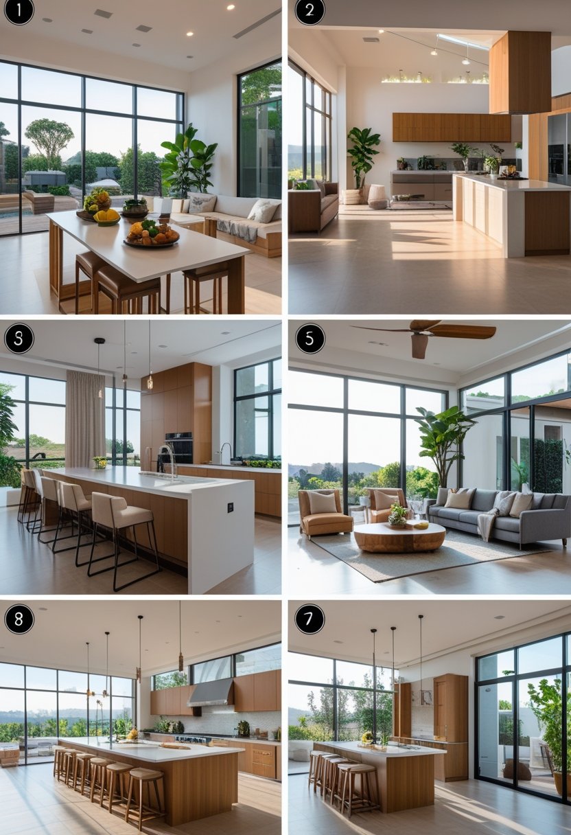 A modern kitchen island with seating in an open kitchen and living room space designed for social interaction.