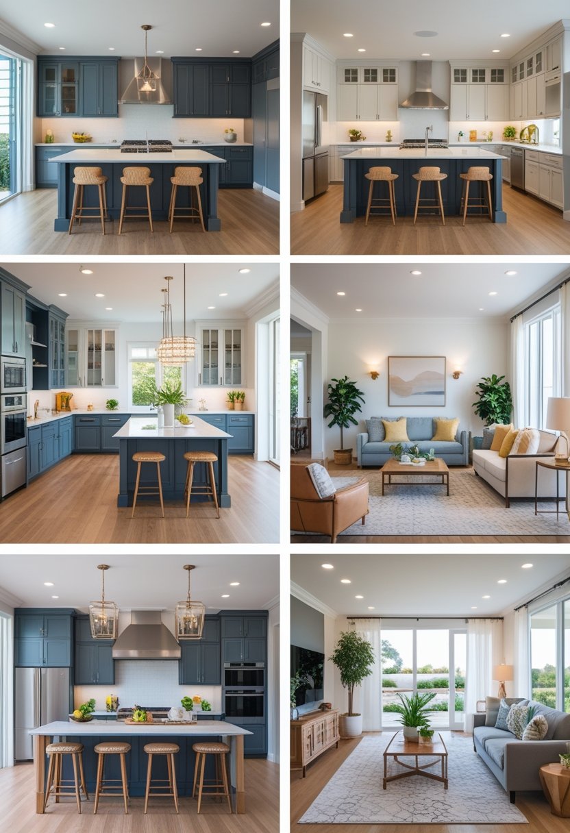 Eight open kitchen and living room spaces with matching color schemes creating a seamless flow between the two areas.