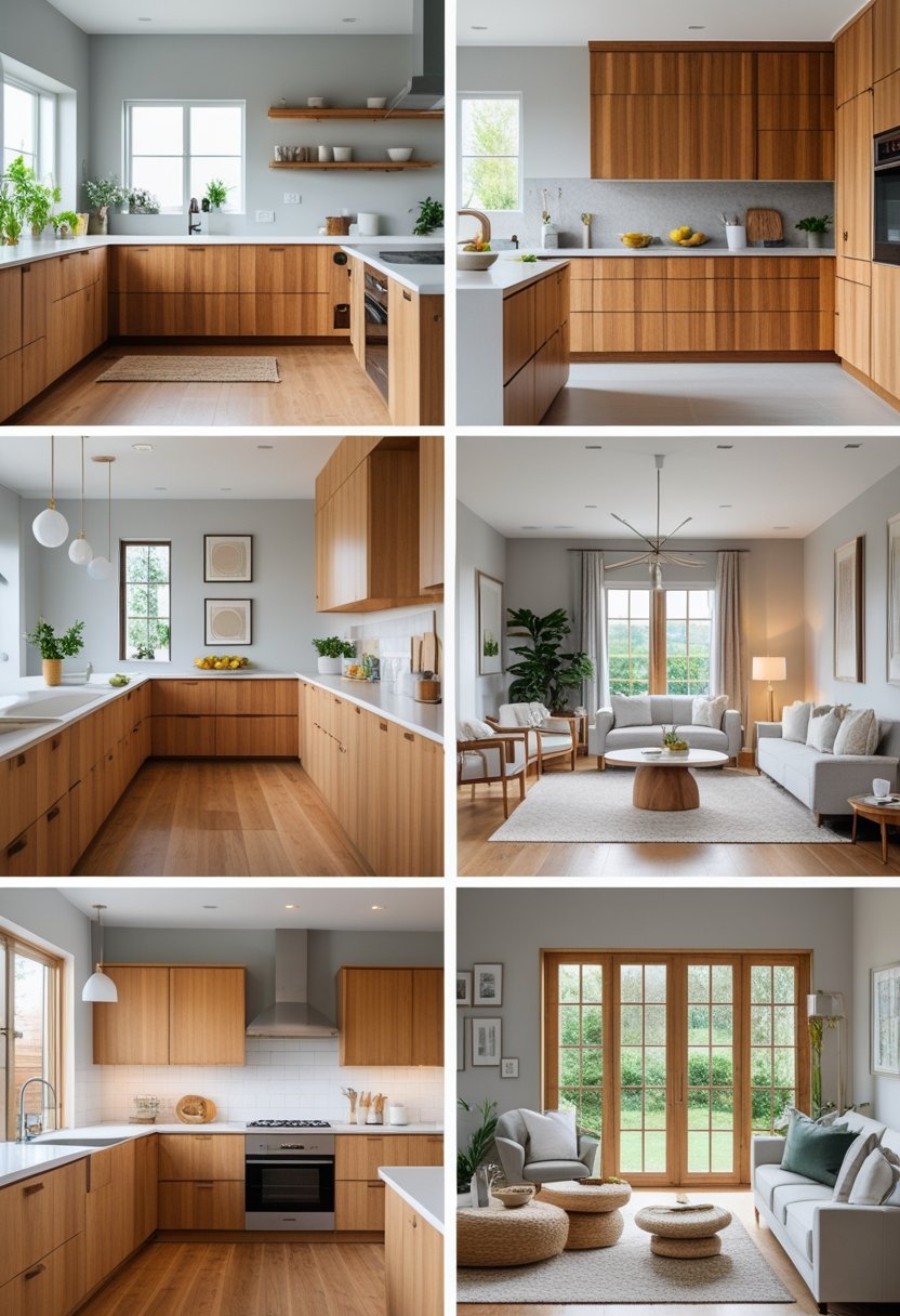 Eight open kitchen and living room spaces featuring wood elements, white and grey tones, with modern furniture and natural lighting.