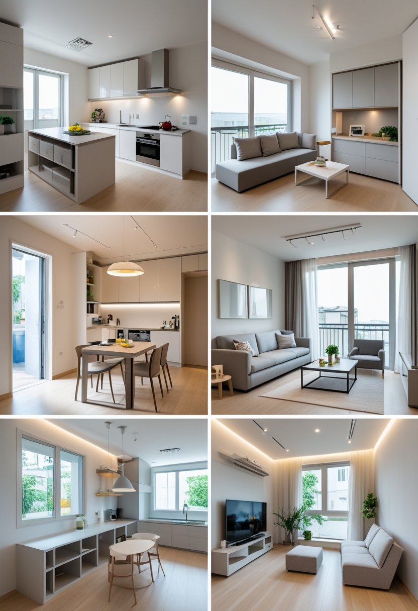 Small open-plan living space with a compact kitchen and living room featuring multi-functional furniture and natural light.