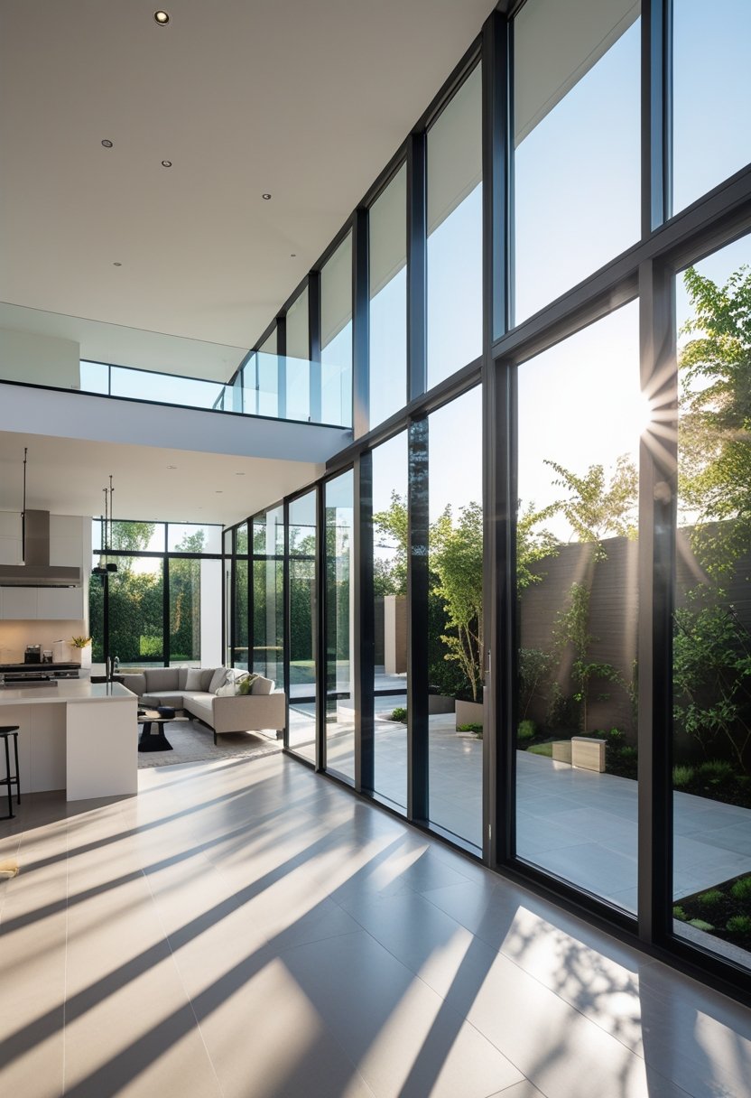 Open kitchen and living room with large windows letting in natural light.
