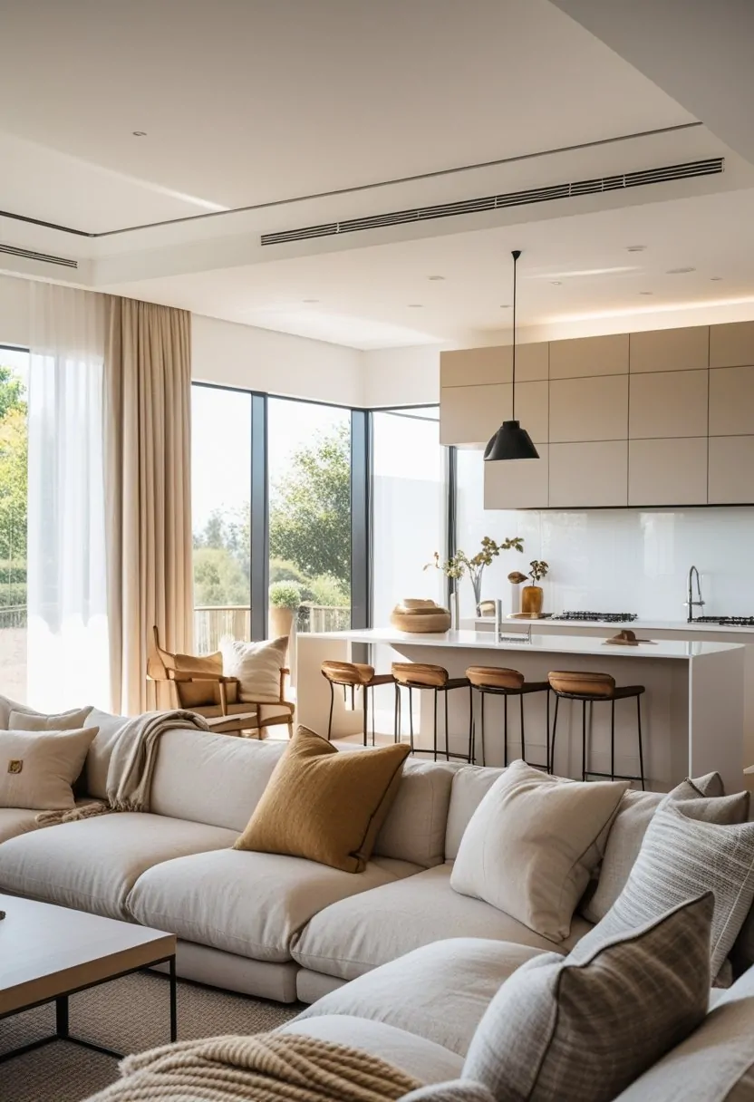 Open living room and kitchen with soft wool and linen textiles on furniture and bright natural light.