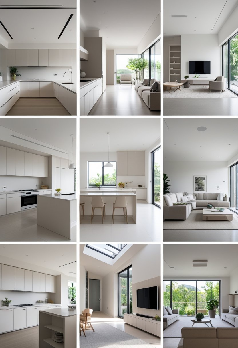 Eight open kitchen and living room interiors with clean layouts and modern furniture.