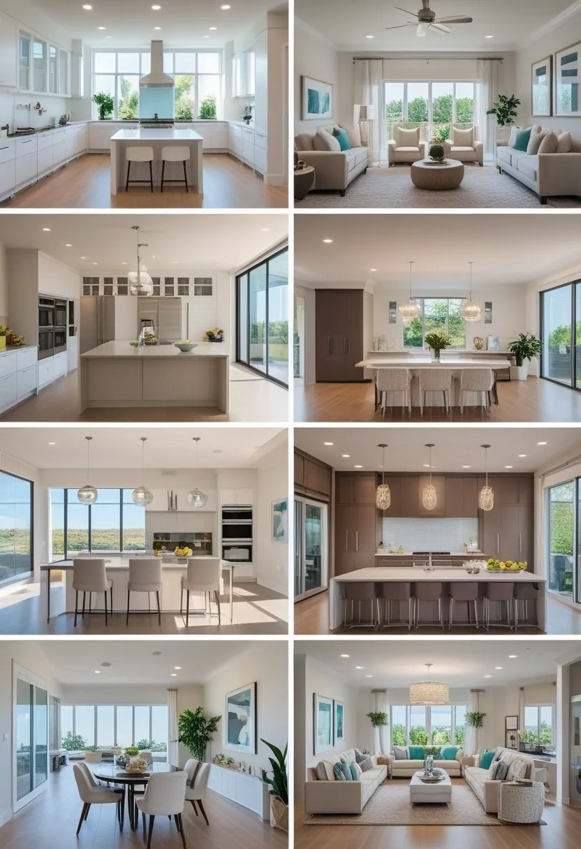 A bright interior showing eight open kitchen and living room areas with modern furniture and large windows.