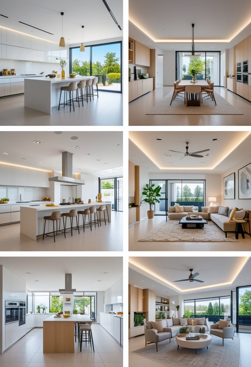 A bright and spacious interior showing an open kitchen and living room with modern furniture and appliances arranged for easy movement and functionality.