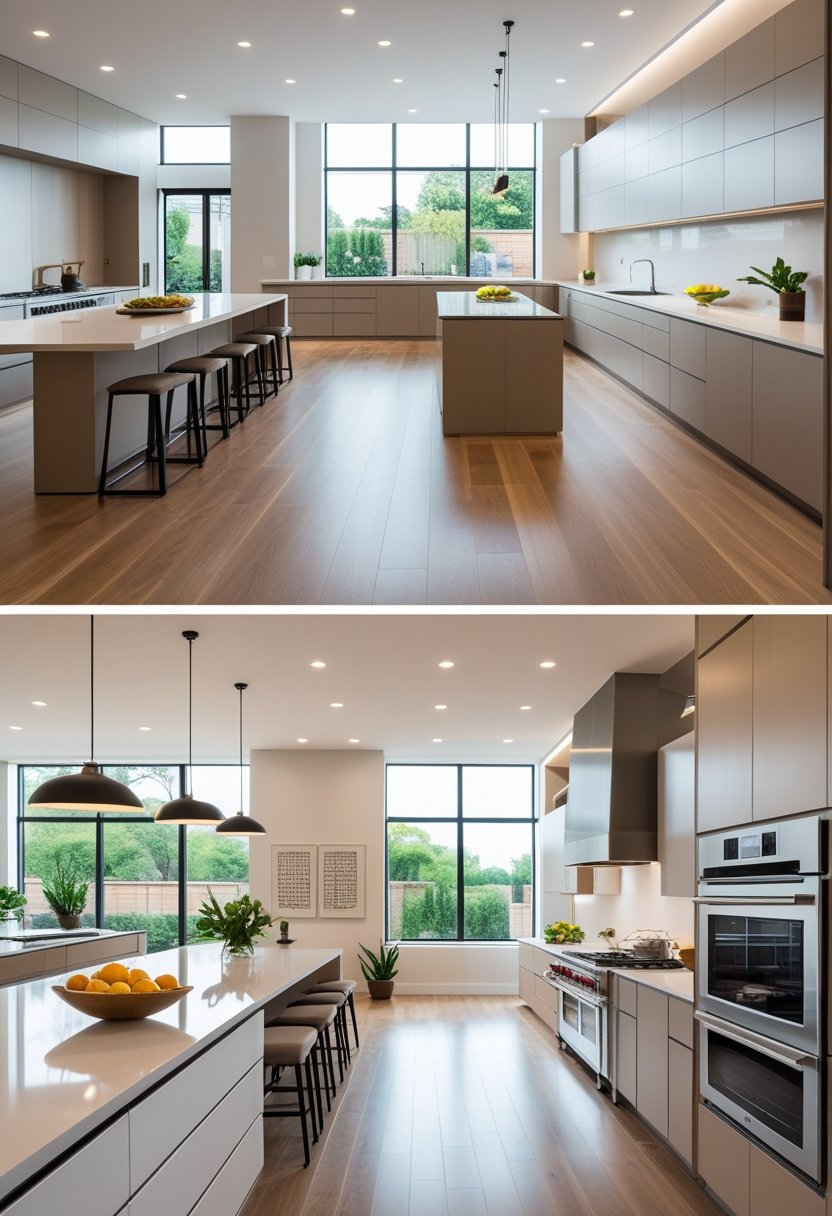 A bright and spacious open kitchen interior with seven distinct kitchen areas featuring modern appliances, countertops, and seating.