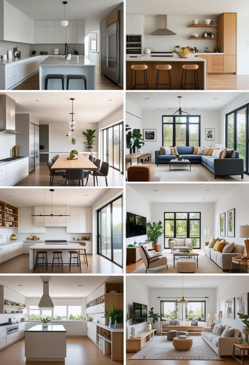 A collage of eight open kitchen and living room designs showing different layouts and styles with modern furniture and bright lighting.