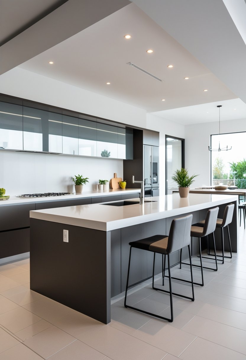 A modern kitchen with a large island and seating, bright and spacious with natural light.