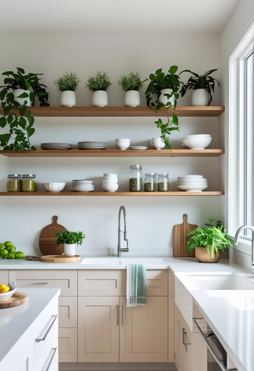 Bright kitchen interior with open wooden shelves displaying dishes and plants above a clean countertop and sink.