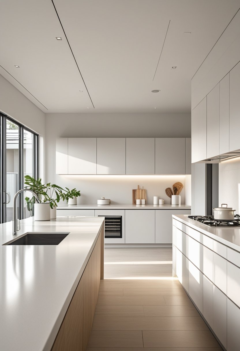 A modern kitchen with a continuous seamless countertop extending across the kitchen and open adjacent area.