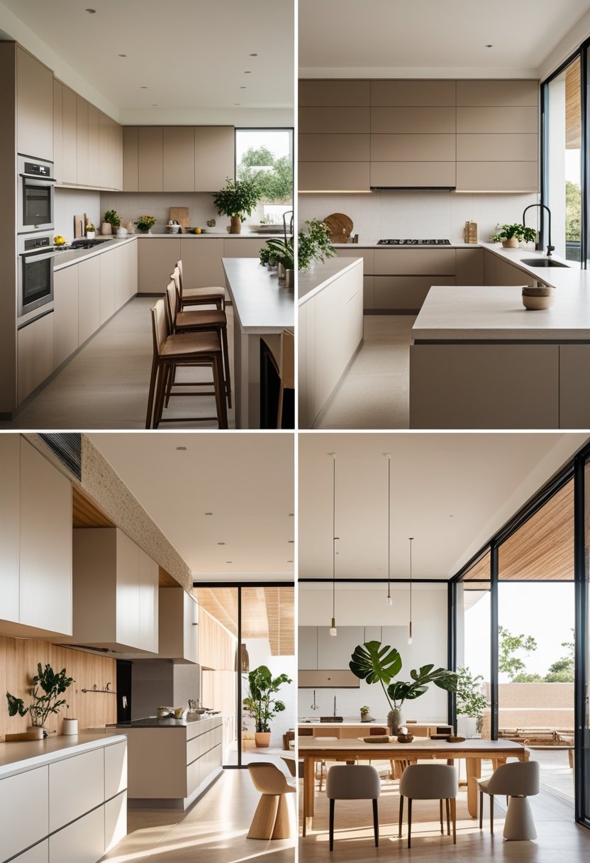 A bright open kitchen interior with seven kitchen areas featuring wooden cabinets, large islands, and natural light.