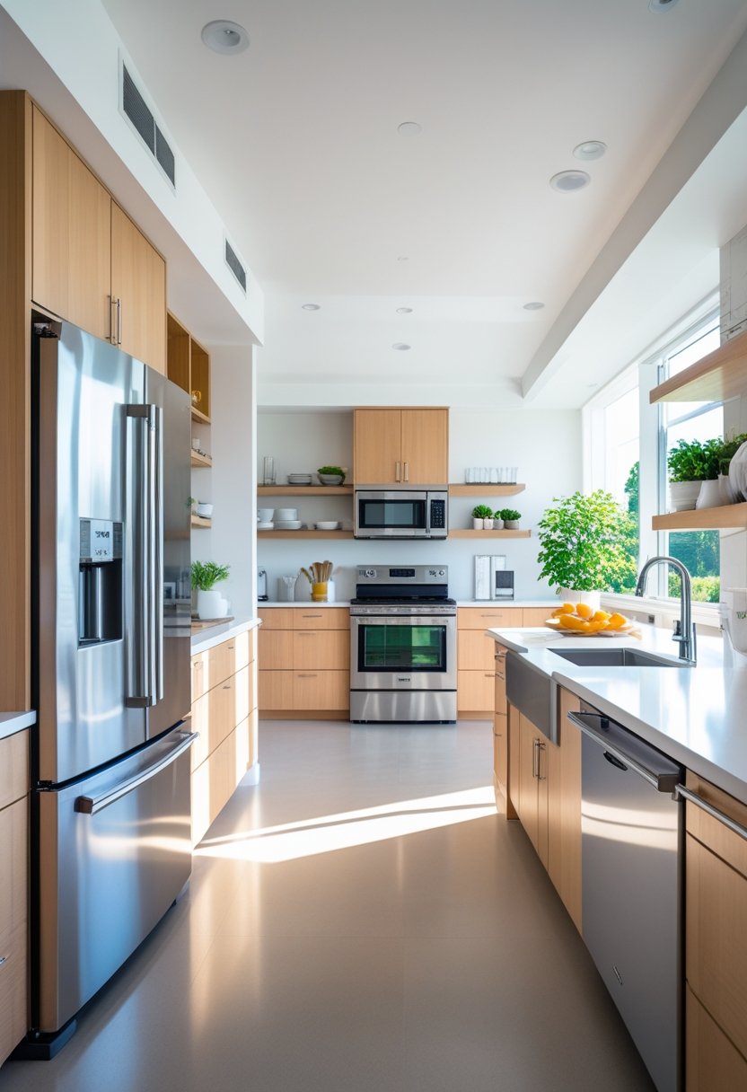 A bright kitchen interior with seven open kitchen design elements and stainless steel appliances integrated into the space.