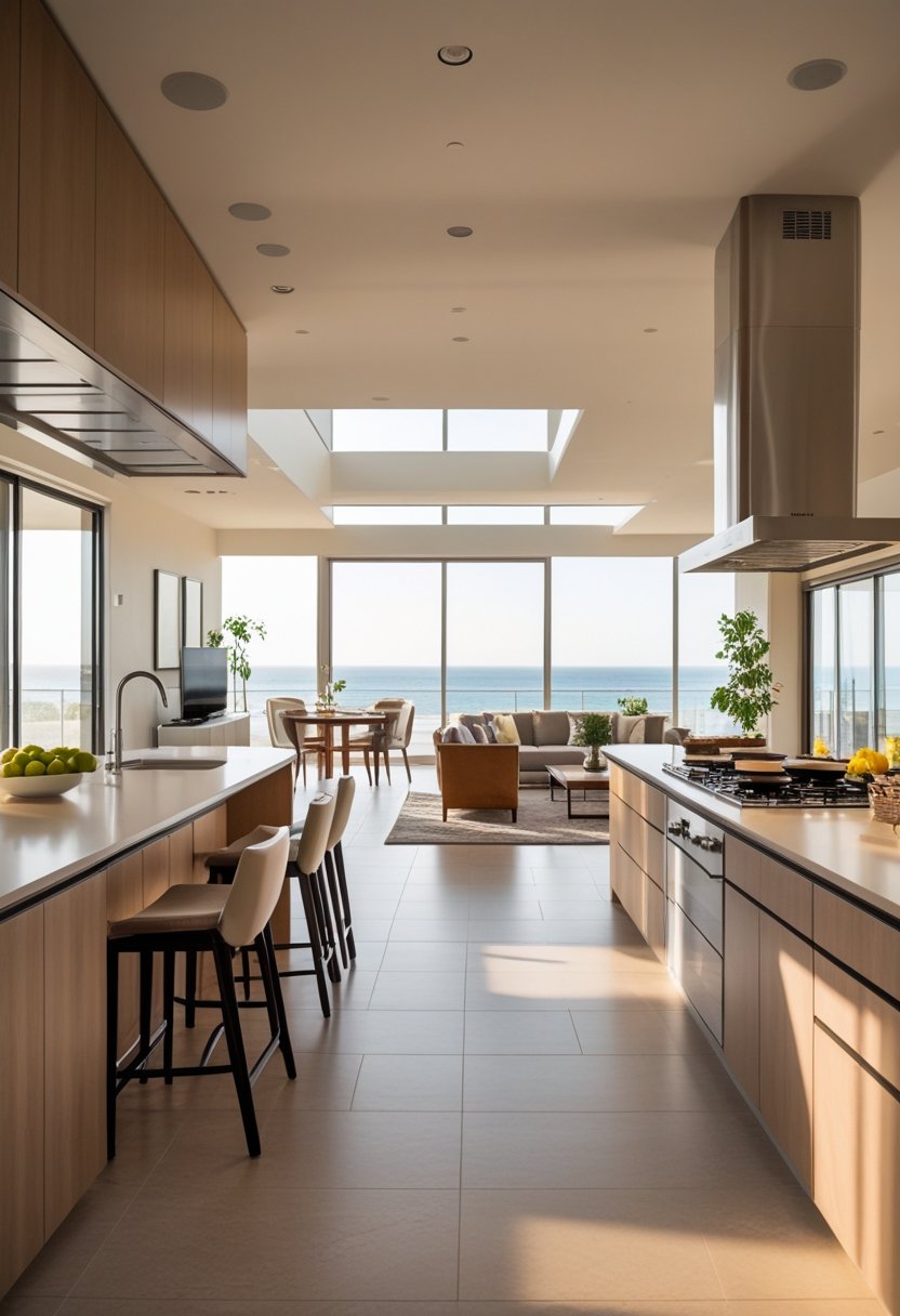 An open kitchen with a central island, dining table, and living area arranged in a connected layout.