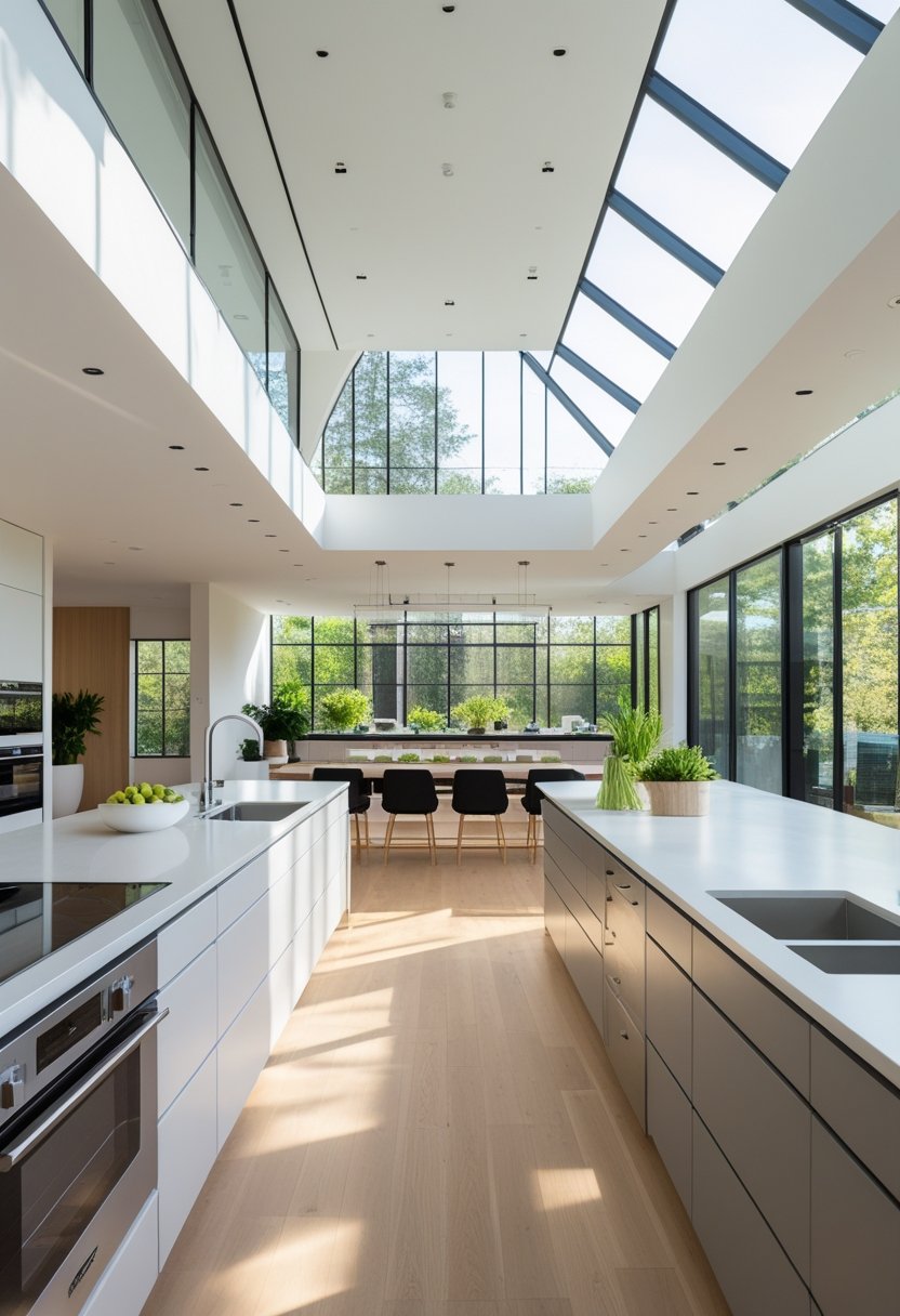 A bright and spacious open kitchen interior with large windows and skylights letting in natural light, featuring seven kitchen areas with modern appliances and light-colored flooring.