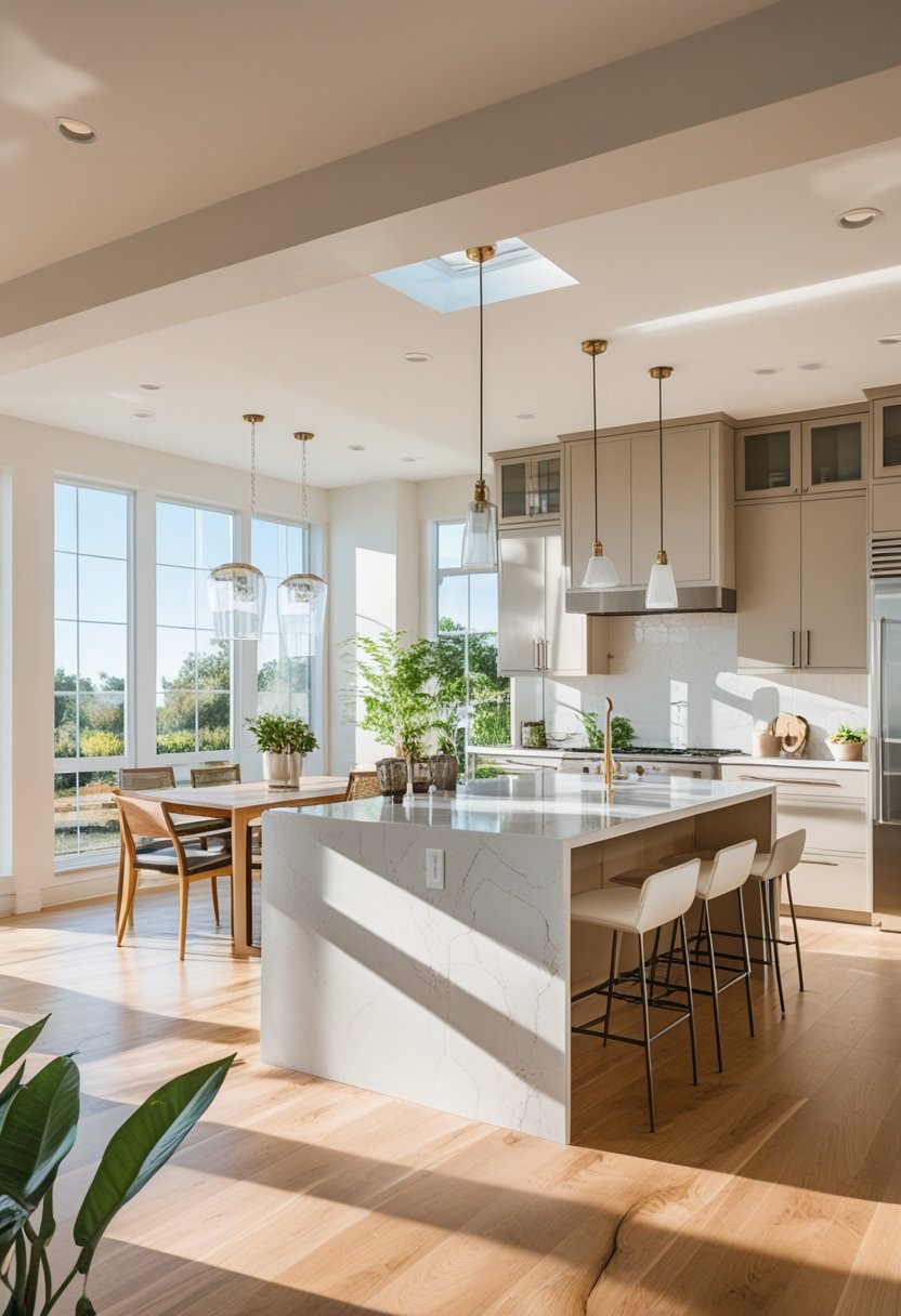 A bright open kitchen with a large island, bar stools, modern appliances, and large windows letting in natural light.