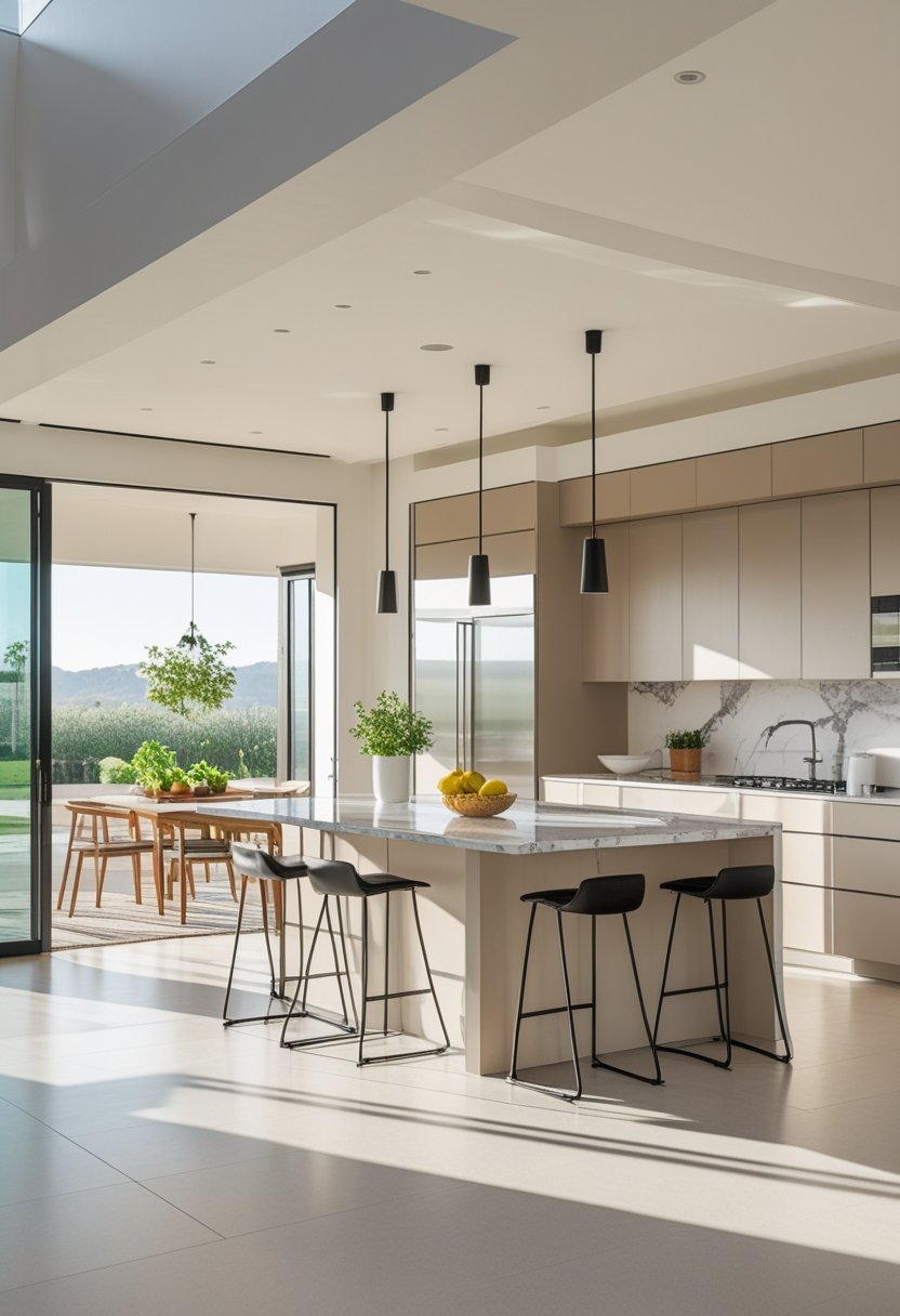A bright open kitchen with a central island, bar stools, stainless steel appliances, and a dining area in the background.