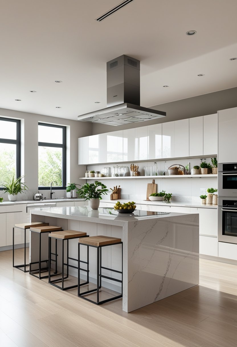 A spacious open kitchen with a large island, white cabinets, stainless steel appliances, open shelves, and natural light coming through windows.