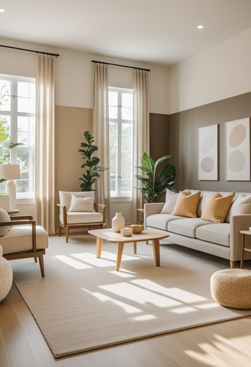 A living room with a sofa, armchair, coffee table, and plants, decorated in eight different neutral colors.