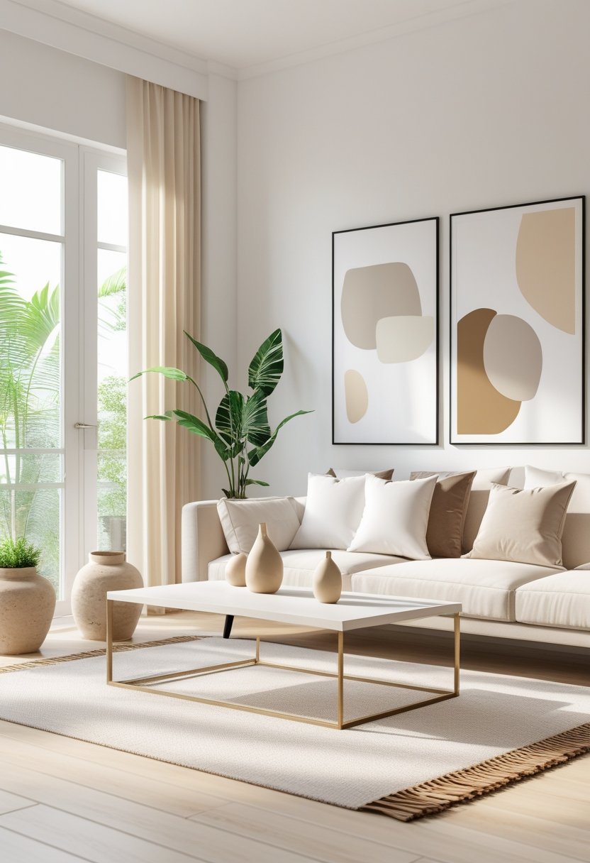 A bright living room with a soft white and neutral color scheme, featuring a sofa, coffee table, plants, and large windows letting in natural light.