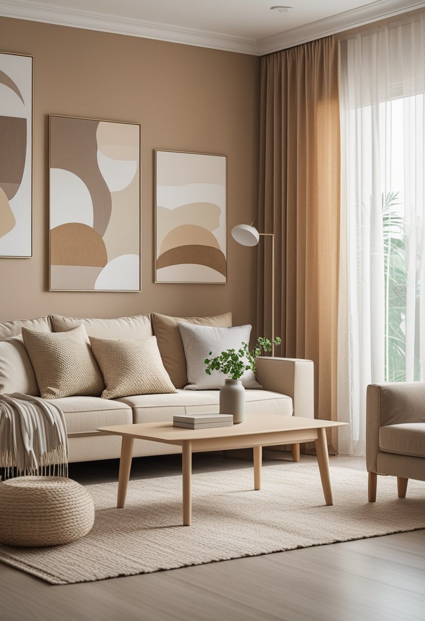 A cozy living room with a beige sofa, wooden coffee table, neutral-colored rug, and soft natural light coming through sheer curtains.