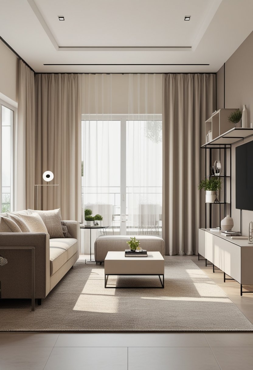 A bright living room with a sofa, coffee table, shelves, and large windows, decorated in neutral beige and gray tones.