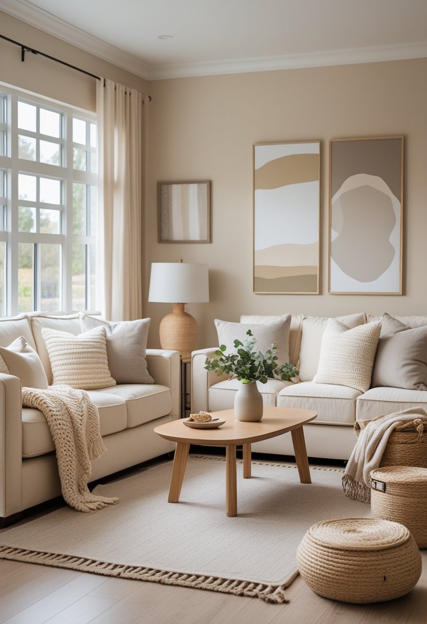 A cozy living room with cream-colored sofas, a wooden coffee table, soft natural lighting, and neutral-toned decor creating a warm and inviting atmosphere.