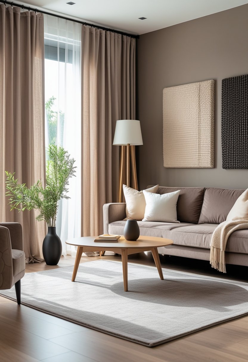 A living room with a taupe sofa, wooden coffee table, neutral-colored cushions, and soft natural lighting.