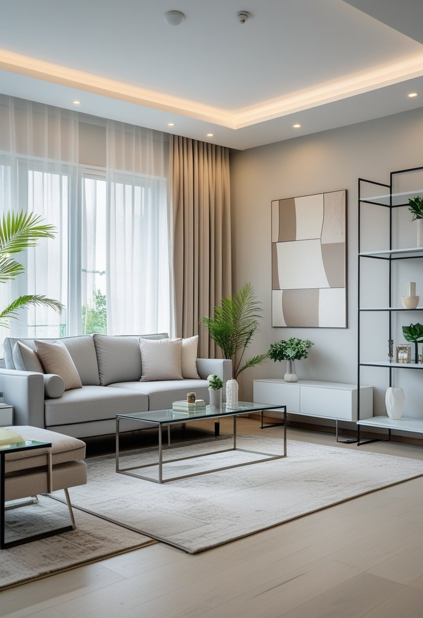 A modern living room with a light gray sofa, coffee table, shelves, plants, and large windows letting in natural light.