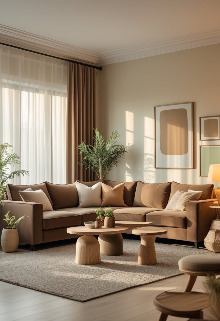 A living room with a muted brown sofa, neutral-colored cushions, wooden coffee tables, and soft natural light coming through large windows.