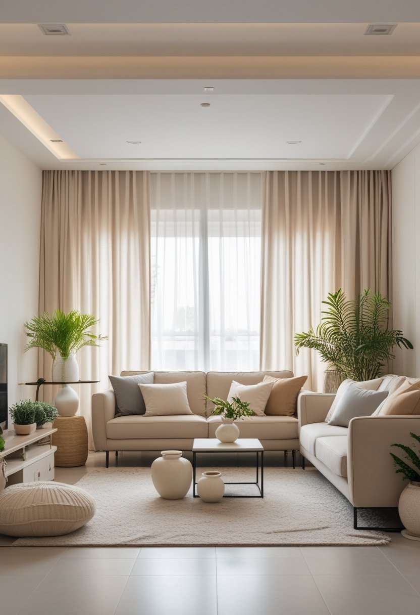 A bright living room with a sofa, coffee table, plants, and neutral-colored walls and furnishings.