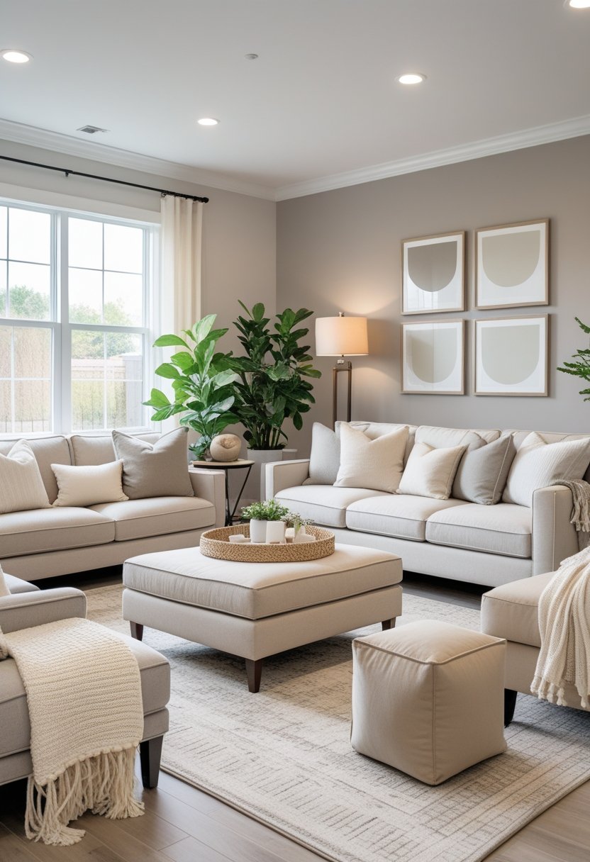 A bright living room with various neutral colors in the furniture, walls, and decor, featuring a sofa, armchair, plants, and natural light.