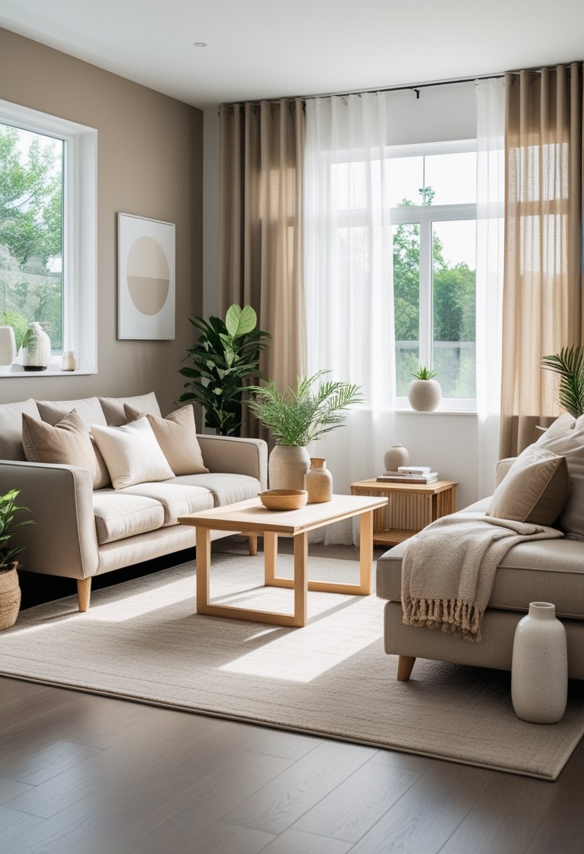 A living room with a sofa, coffee table, rug, plants, and large windows showing a variety of neutral colors in the furnishings and decor.