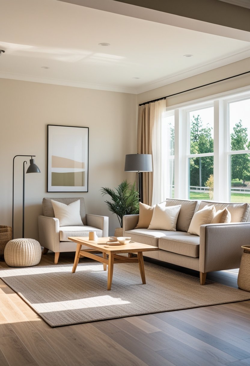A living room with a sofa, armchair, coffee table, floor lamp, and large windows, decorated in various neutral colors.