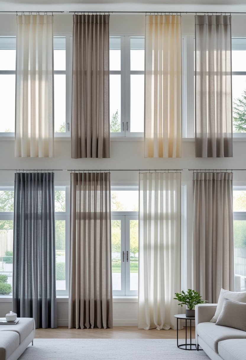 A living room with seven neutral-colored curtains hanging over windows, with a sofa and coffee table visible.