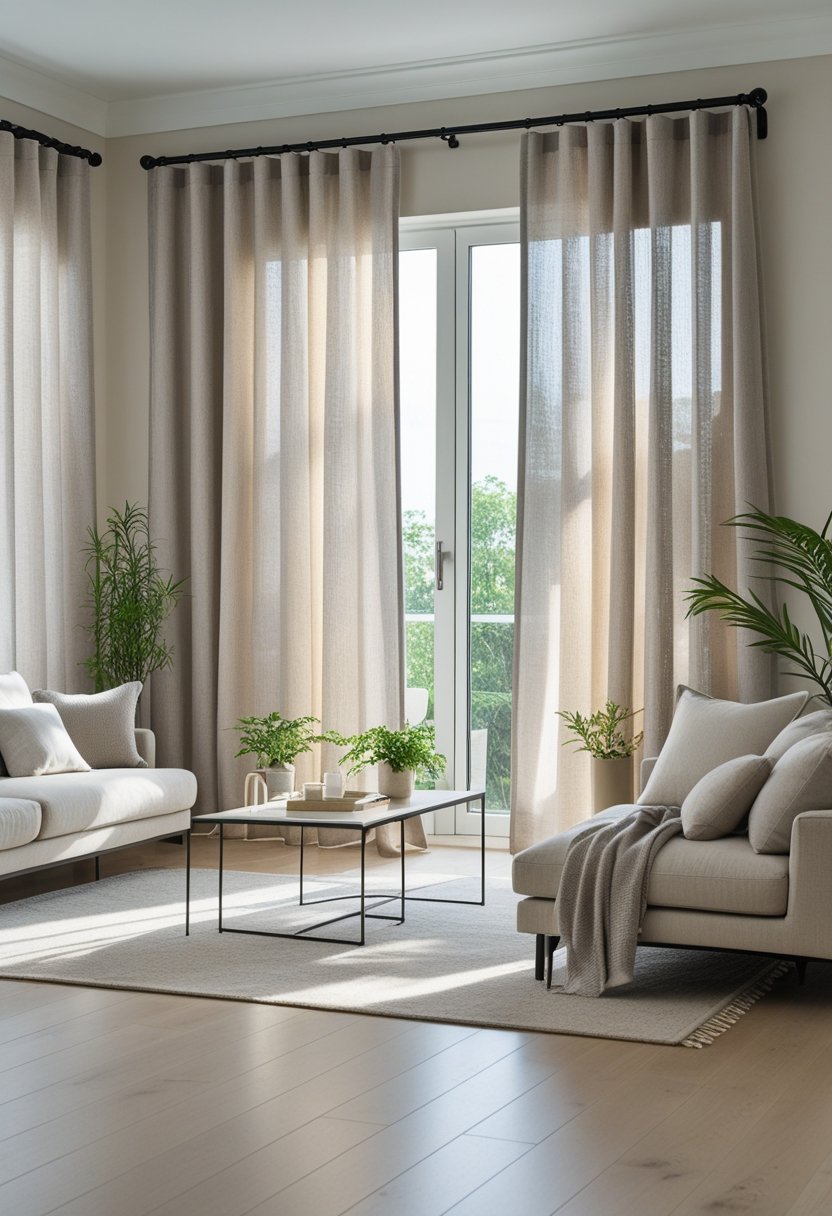 Living room with seven sets of neutral-colored curtains softly filtering daylight over a sofa and coffee table.