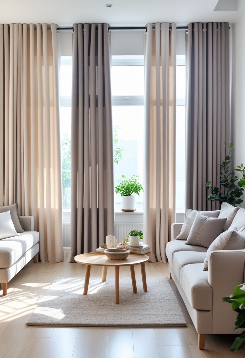 Living room with seven neutral-colored blackout thermal insulated curtains hanging on large windows, a sofa, coffee table, rug, and indoor plants.