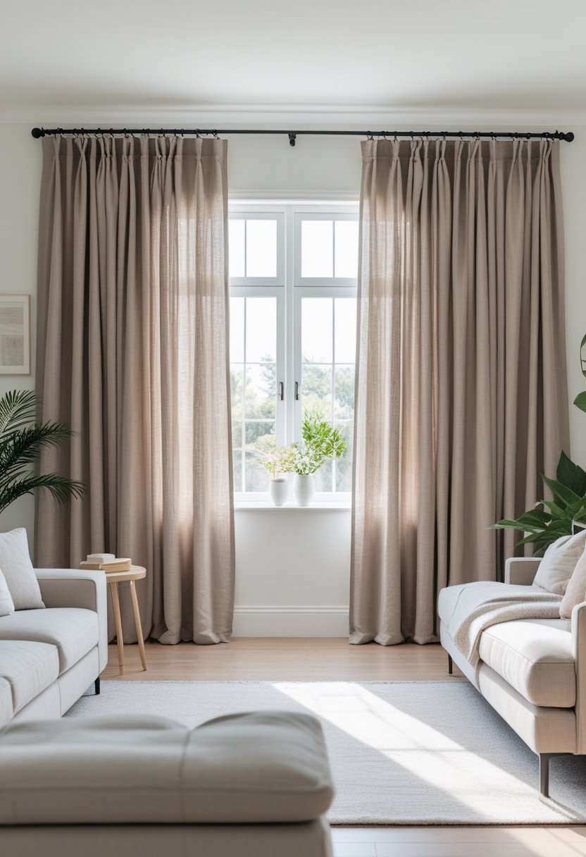 A living room with seven taupe linen curtains hanging from large windows, with natural light filling the space and neutral-colored furniture.