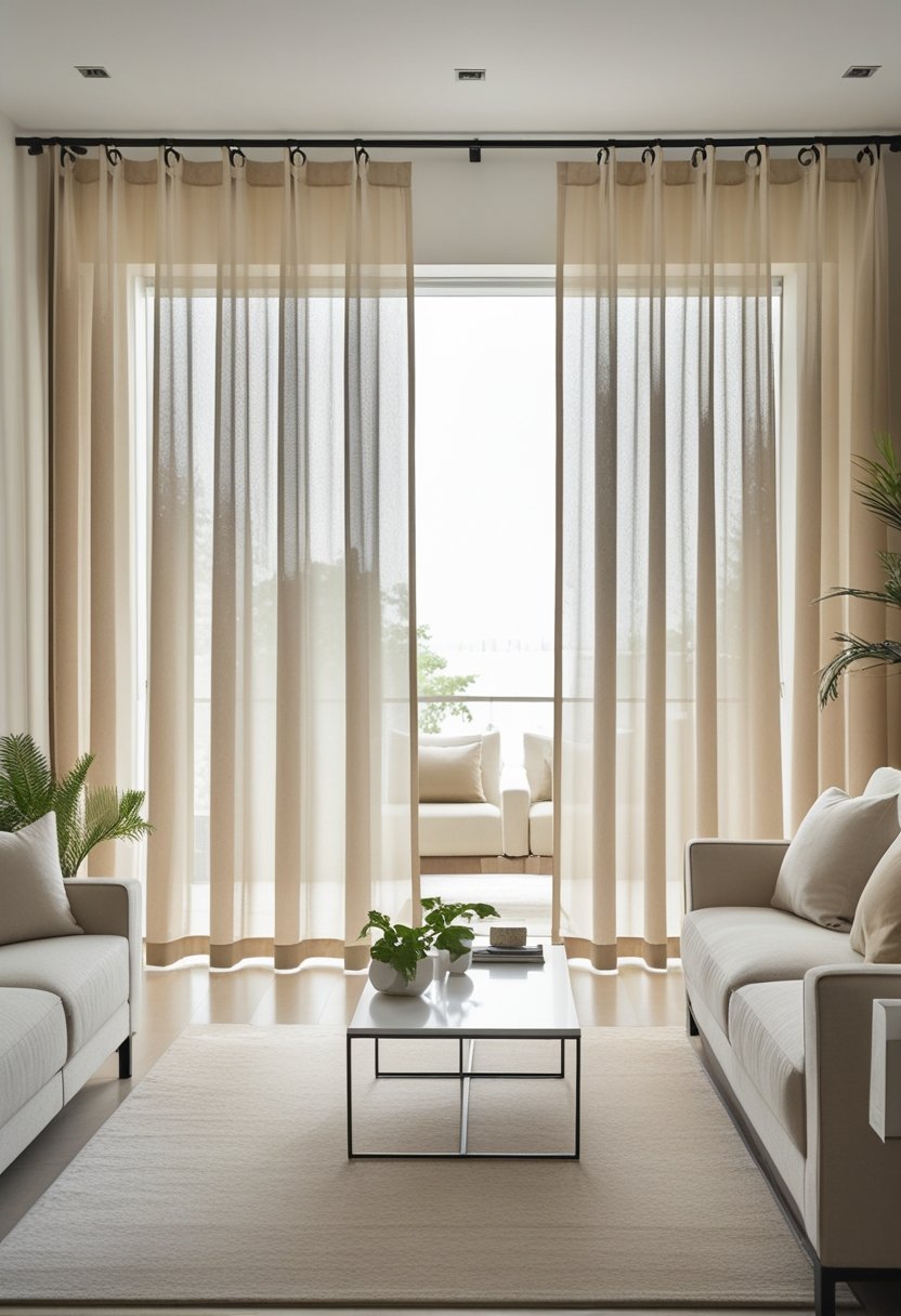 Living room with seven beige sheer curtains hanging over a large window, soft natural light coming through, and neutral-toned furniture.