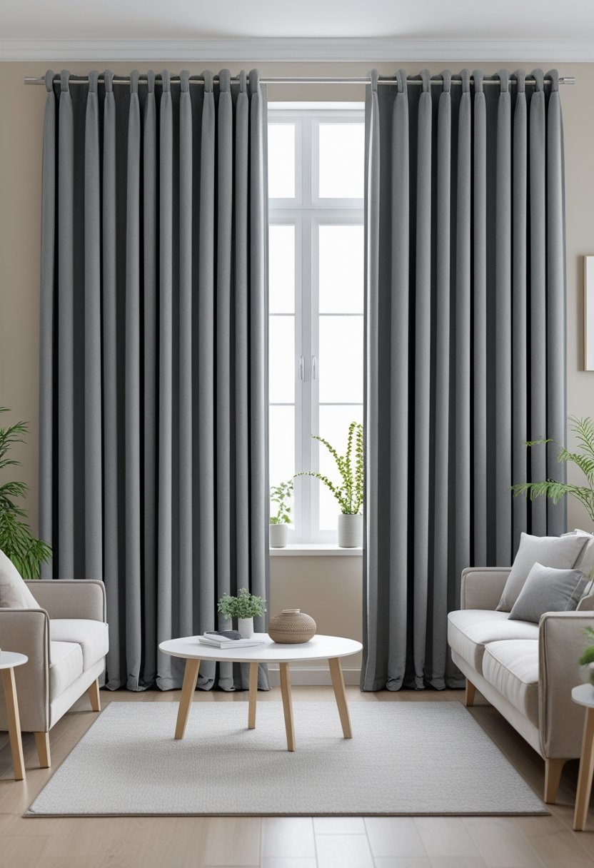 A living room with seven gray curtains hanging over large windows, neutral walls, and simple furniture.