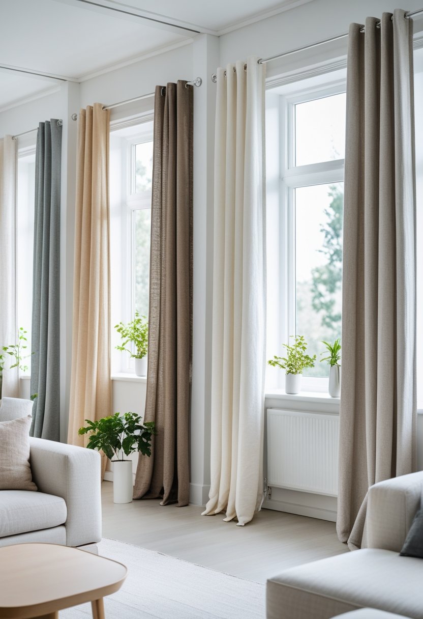 Living room with seven neutral-colored curtains hanging on multiple windows, soft natural light coming through, and simple furniture nearby.