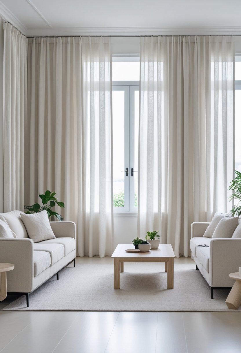 Living room with seven white linen curtains hanging from large windows, with neutral furniture and soft lighting.