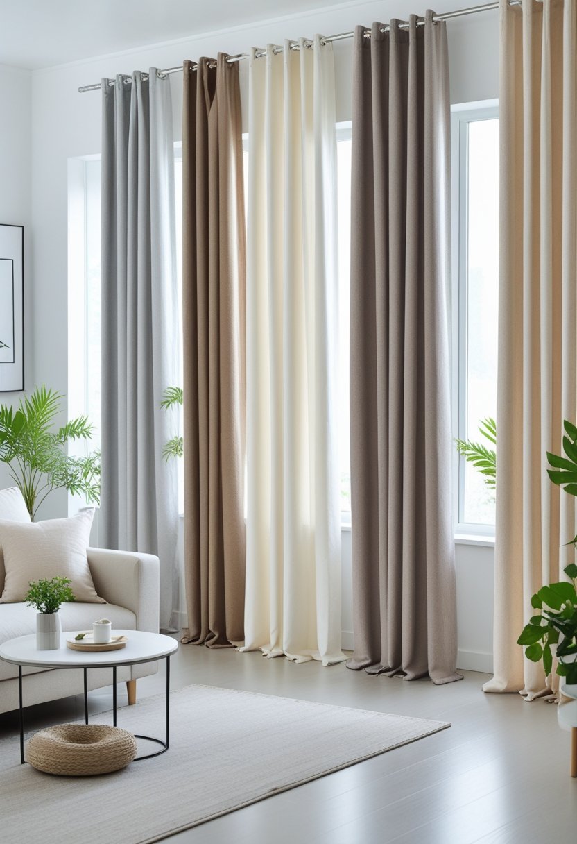 Living room with seven different neutral-colored curtains hanging in front of large windows, sunlight filling the space, with a sofa and coffee table visible.